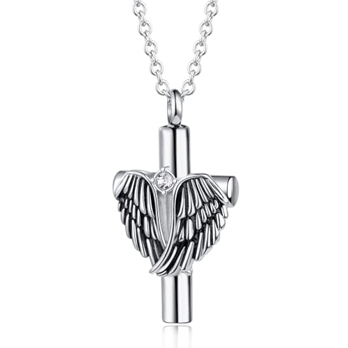 Angel Wing Cross Urn Necklace for Ashes Birthstone Stainless Steel Cremation Jewelry Women Men - color: Apr