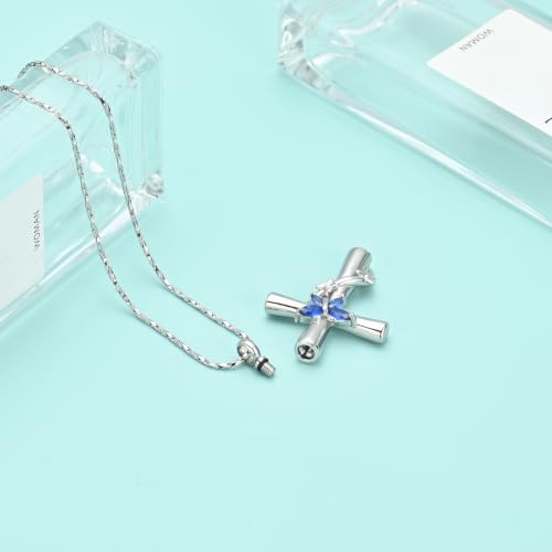 Butterfly Cross Urn Necklace for Ashes Birthstone Cremation Jewelry for Men Women Ashes Pendant Keepsake Memorial Ash Jewelry - color: Silver-Blue