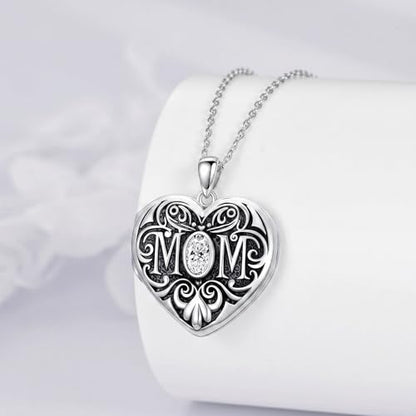 Mom Photo Locket Necklace 925 Sterling Silver Mothers Necklace Mother Photo Locket Pendant Mom Jewelry for Mother's Day - color: mom-no custom