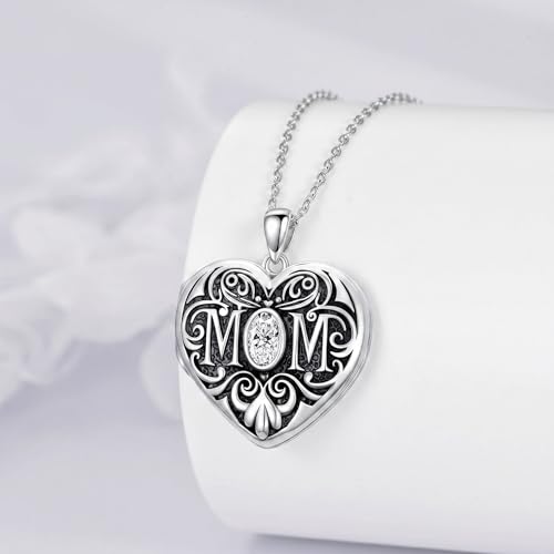 Mom Photo Locket Necklace 925 Sterling Silver Mothers Necklace Mother Photo Locket Pendant Mom Jewelry for Mother's Day - color: mom-text