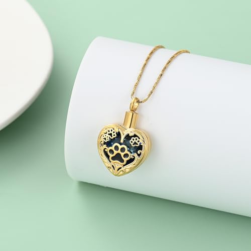 Yinplsmemory Pet Urn Necklace Pendant Jewelry for Dog Cat Memorial Crystal Heart Cremation Jewelry with Paw Print Ashes Keepsake Funeral Jewelry - color: Gold-blue