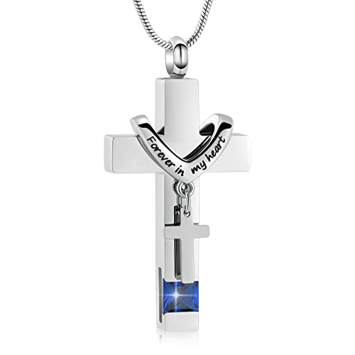 Forever in My Heart Birthstone Personalized Double Cross Urn Pendant Cremation Jewelry for Ashes Cross Ashes Keepsake - color: Silver-Blue