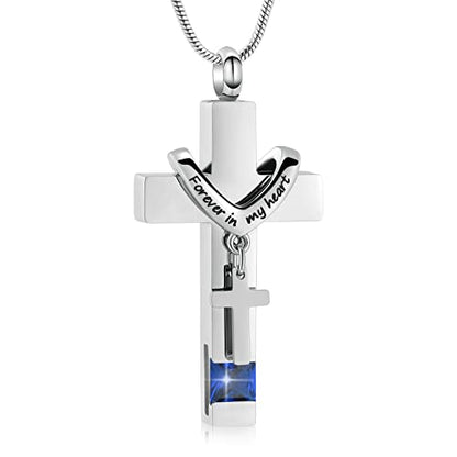 Forever in My Heart Birthstone Personalized Double Cross Urn Pendant Cremation Jewelry for Ashes Cross Ashes Keepsake - color: Silver-Blue