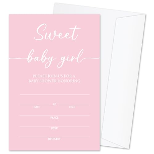 Sweet Baby Baby Shower Invitations for Girls, Pink Minimalism Invite Cards for Baby Announcement, 25 Set of Fill-in Invites with Envelopes, Gender Reveal Party Supplies -B16 - color: Pink-Oh Baby