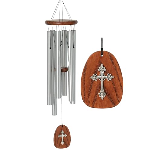 Woodstock Chimes Cross Wind Chime for Outside, Garden, Patio, Porch and Outdoor Decor (25'') Silver Amazing Grace Medium (AGMCR)