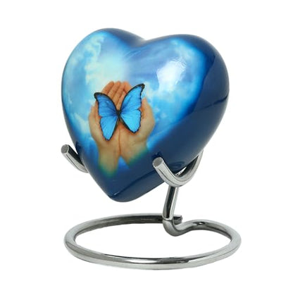 Blue Butterfly Small Love Heart Urn for Human Ashes Remains - Funeral Gift Set of Mini Heart Urn - Display Stand - Velvet Carry Bag - A Paper Funnel - Magnetic Closure Gift Box - color: Blue Butterfly in Hand-heart
