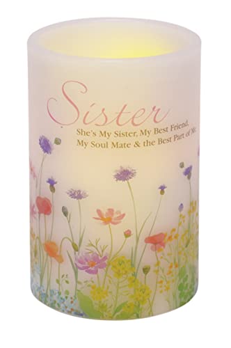 Mark Feldstein & Associates Inspirational Quote Floral Wax LED Flameless Pillar Candle, 4 x 6 Inch (Sister) - style: Sister