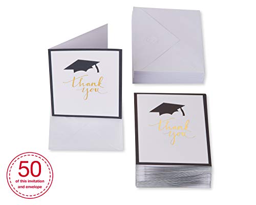 American Greetings 50-Count Graduation Thank You Note Cards, Mortar Board Gold Script Design - color: Black, Gold, White, size: 50