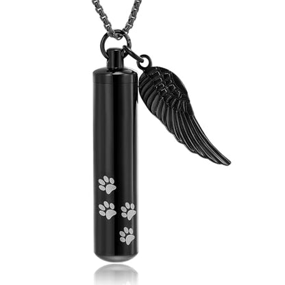 Cylinder Cremation Jewelry Urn Necklace Pet Ashes Pet Paw Memorial Ashes Necklace with Angel Wing for Dog/Cat Keepsake Jewelry for Men Women - color: Black（Large）