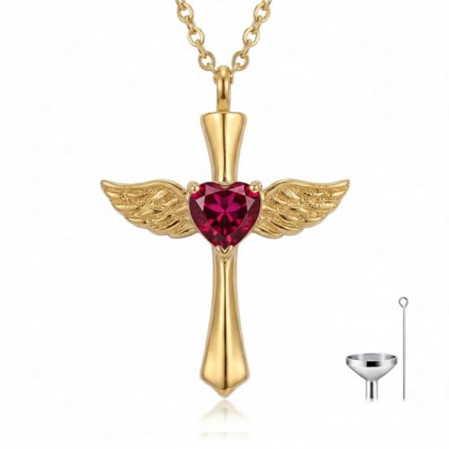 14K Gold Angel Wings Cross URN Necklace Cremation Necklaces for Ashes Embellished with Birthstone, Yellow Gold Fine Keepsake Memorial Jewelry - color: January Birthstone