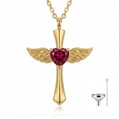 14K Gold Angel Wings Cross URN Necklace Cremation Necklaces for Ashes Embellished with Birthstone, Yellow Gold Fine Keepsake Memorial Jewelry - color: January Birthstone