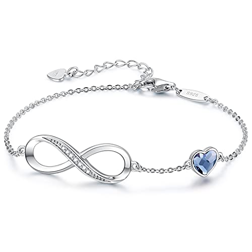 CDE 925 Sterling Silver Infinity Birthstone Bracelet Jewelry Gift for Women | Hypoallergenic,Non Tarnish,Heart CZ,Nickel-Free & Lead-Free,Anniversary Christmas Birthday Idea Gifts for Wife Girlfriend Her - color: Crystal-Blue