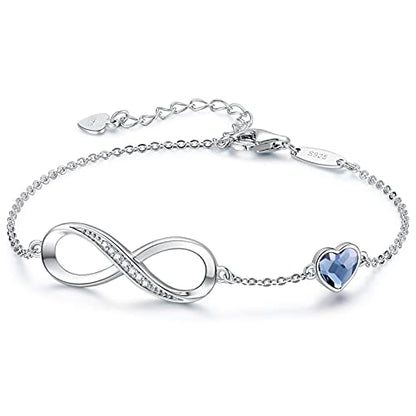 CDE 925 Sterling Silver Infinity Birthstone Bracelet Jewelry Gift for Women | Hypoallergenic,Non Tarnish,Heart CZ,Nickel-Free & Lead-Free,Anniversary Christmas Birthday Idea Gifts for Wife Girlfriend Her - color: Crystal-Blue