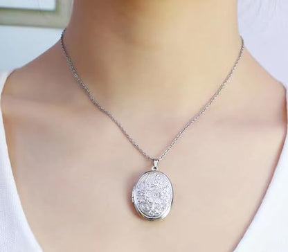 Gold Oval Flower Locket Necklace that Holds Pictures Photo Locket Pendant - color: SilverOval