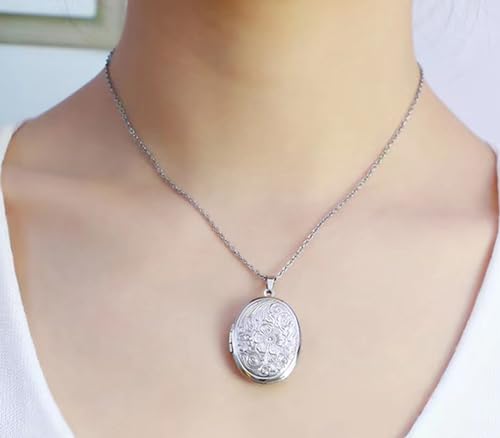 Gold Oval Flower Locket Necklace that Holds Pictures Photo Locket Pendant - color: SilverOval
