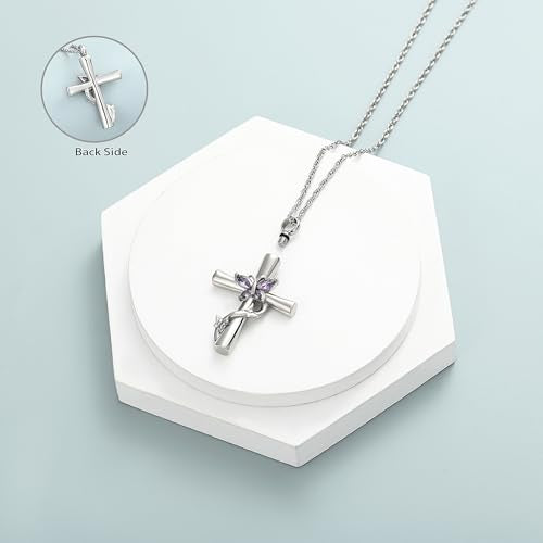 shajwo Butterfly Cross Urn Necklaces for Ashes for Women Men - color: Silver-Purple