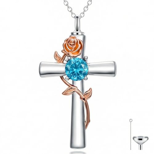 YYB Rose Flower Urn Necklaces Cross Birthstone Cremation Jewelry for Ashes Memorial Keepsake Funeral Pendant for Women - color: 12-Dec-Topaz