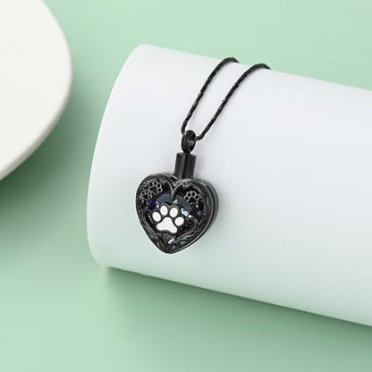 Yinplsmemory Pet Urn Necklace Pendant Jewelry for Dog Cat Memorial Crystal Heart Cremation Jewelry with Paw Print Ashes Keepsake Funeral Jewelry - color: Black-Purple