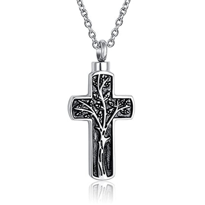 Cremation Cross Urn Necklace for Ashes Tree of Life Dad/Mom/Grandma Stainless Steel Urn Pendant Ashes Holder Memorial Jewelry - style: Cross style 01