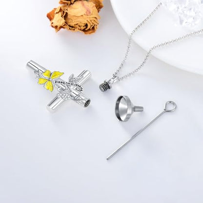 SOULMEET Enamel Butterfly Cross Urn Necklace for Ashes, Cross Moissanite Butterfly Ashes Necklaces with Forever in My Heart Engraved Keepsake Cremation Locket Jewelry for Women Men - color: G-Beige, style: Custom Engraved