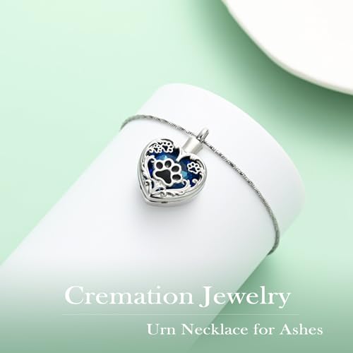 Yinplsmemory Pet Urn Necklace Pendant Jewelry for Dog Cat Memorial Crystal Heart Cremation Jewelry with Paw Print Ashes Keepsake Funeral Jewelry - color: Silver-blue