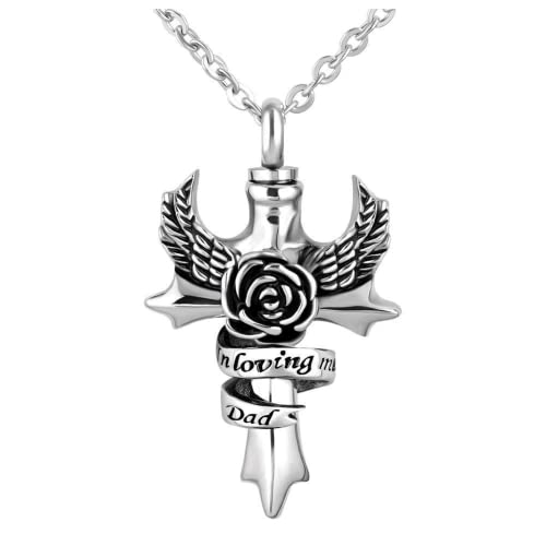 Cross Angel Wings Urn Necklace for Ashes in Loving Memory Dad Mom Grandma Grandpa Brother Sister Uncle Aunt Son Cremation Keepsake Memorial Jewelry - style: Dad