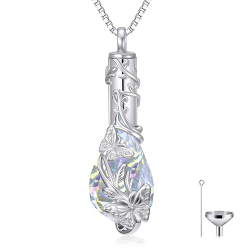 JKR Heart Urn Necklace for Ashes Crystal Keepsake Pendant Memorial Jewelry | Crystal Cremation Jewelry Loss Of Loved One Sympathy Gift for Mom Wife Grandma Daughter - style: Butterfly-Teardrop