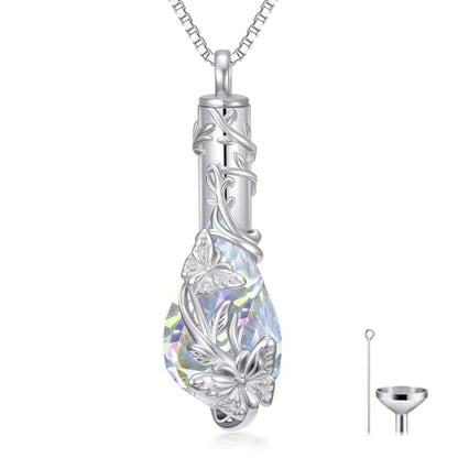 JKR Heart Urn Necklace for Ashes Crystal Keepsake Pendant Memorial Jewelry - style: Butterfly-Teardrop