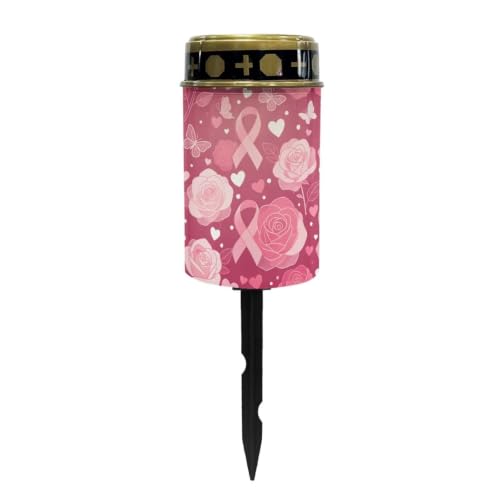 Poceacles Solar Lights Outdoor Solar Powered Outdoor Cemetery Stake Candle Grave Lamp Landscape Lighting Waterproof Grave Flameless Candle, Pink Ribbon Rose Butterfly - color: Pink Ribbon Rose Butterfly