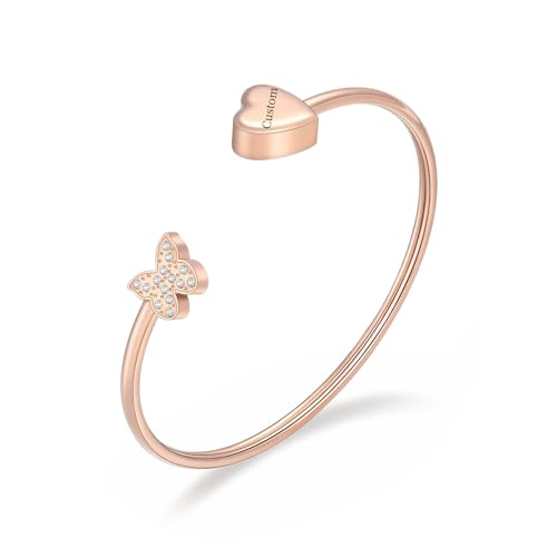 Heart Cremation Bracelets for Ashes Crystal Butterfly Urn Bracelets Stainless Steel Openable Cuff Bangle Memorial Keepsakes Jewelry for Men Women - color: Customize
