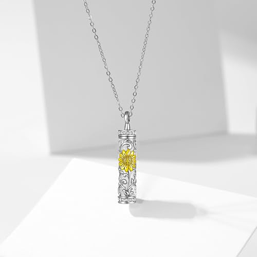Sterling Silver Flower Tree Life Cremation Urn Necklace for Women - color: Cylin *Sunfl. 1 (Zir GP)