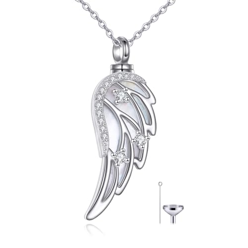 URONE Urn Necklaces for Ashes 925 Sterling Silver Abalone Shell Tree of Life Cremation Jewelry for Ashes Memory Jewelry for Women Men - style: angel wing