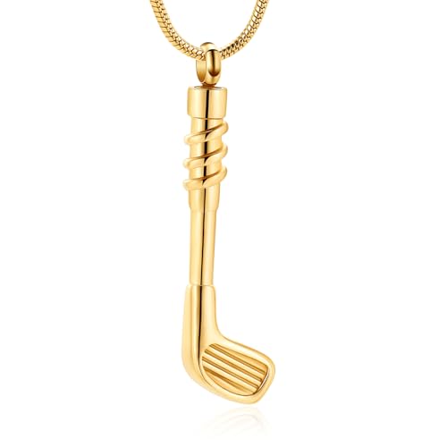 Golf Clubs Urn Necklace for Ashes Sport Cremation Jewelry Stainless Steel Memorial Necklaces Ash Holder for Human Pets Keepsake Jewelry for Loved Ones with Fill Tool - color: Gold