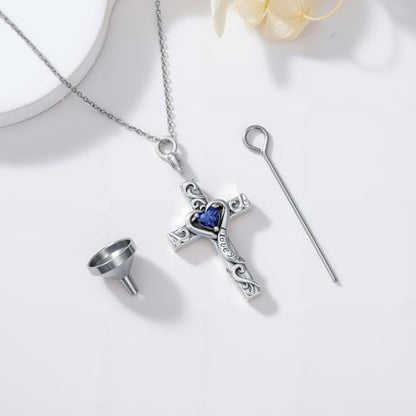 TOUPOP Cross Urn Necklaces for Ashes Birthstone Cremation Jewelry 925 Sterling Silver Cross Memorial Keepsake Jewelry for Women (with Funnel Filler) - color: 09-September-Sapphire