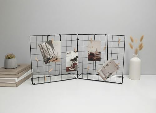 Double-Sided Foldable Desktop Photo Display Board Black | 20 Wooden Clips, Message Board, Detachable to 2 Small Photo Stands, Accessory & Handcraft Display Board for Home & Office - color: Black