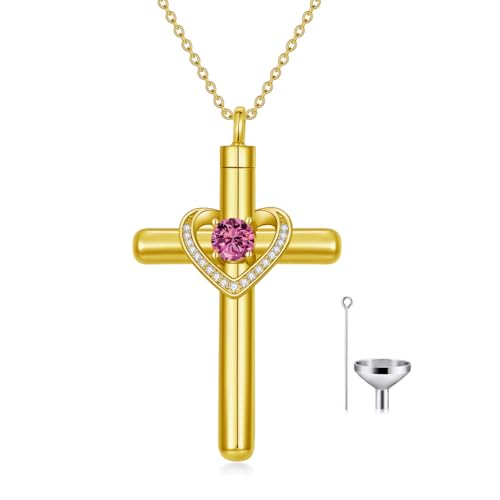 AOBOCO Cross Necklace for Ashes, Sterling Silver Birthstone Cross Urn Necklaces for Ashes Embellished with Crystals from Austria Keepsake Cremation Jewelry for Pet Human Ashes - color: 10-pink tourmaline-Oct-18k Gold-Plated