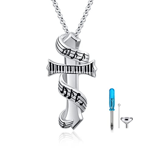 PELOVNY Urn Necklaces for Ashes of Loved Ones 925 Sterling Silver Personalized Heart Locket Urn Necklace Cremation Keepsake Memorial Jewelry Gifts for Women Men - color: Music Cross Urn
