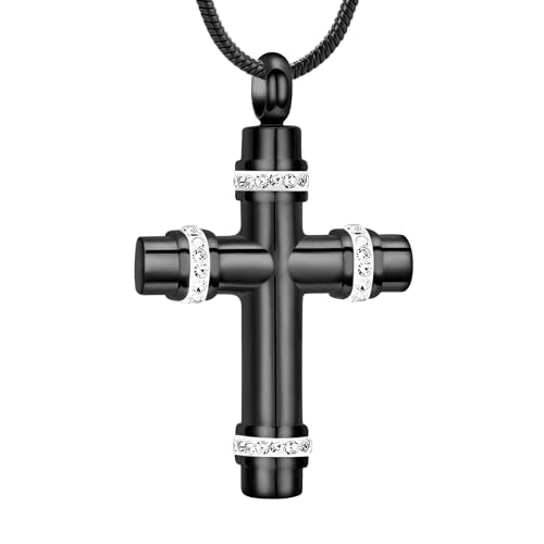 Cross Cremation Urn Necklace for Ashes, Crystal Inlaid Stainless Steel Memorial Pendant, Keepsake Jewelry for Human or Pet Ashes for Loved One Memorial Gift - color: Black