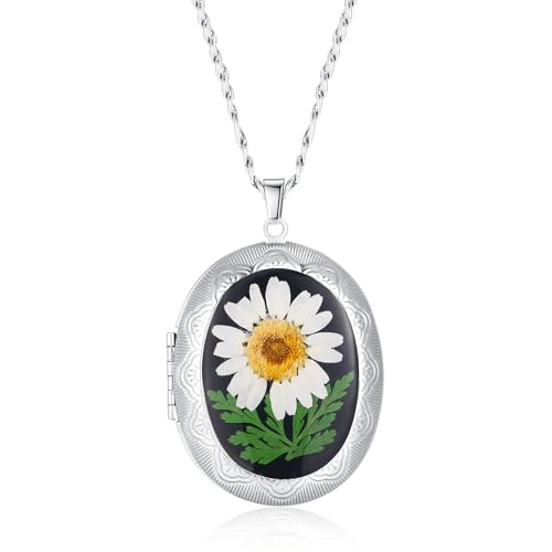 AUNTESIGN Forget-Me-Not and Queen Anne's Lace Pressed Wildflower Necklace | Birth Month Flowers Necklace | Gold/Silver Pressed Flower Jewelry | Mother's Day | Gift For Her - color: Daisy and Ferns Locket Necklace