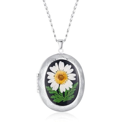 AUNTESIGN Forget-Me-Not and Queen Anne's Lace Pressed Wildflower Necklace | Birth Month Flowers Necklace | Gold/Silver Pressed Flower Jewelry | Mother's Day | Gift For Her - color: Daisy and Ferns Locket Necklace