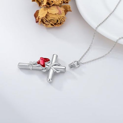 Cross Urn Necklace for Ashes 925 Sterling Silver Cremation Jewelry with Funnel Filler Kit Ashes Necklace for Human Women Girl Pets - color: A_Red Butterfly Urn Necklace, style: Personalized