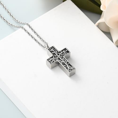 shajwo Tree of Life Cross Cremation Jewelry Urn Necklaces for Ashes | Memorial Ashes Pendant Necklace of Loved One Women Men Ashes Keepsake Necklace - color: Silver