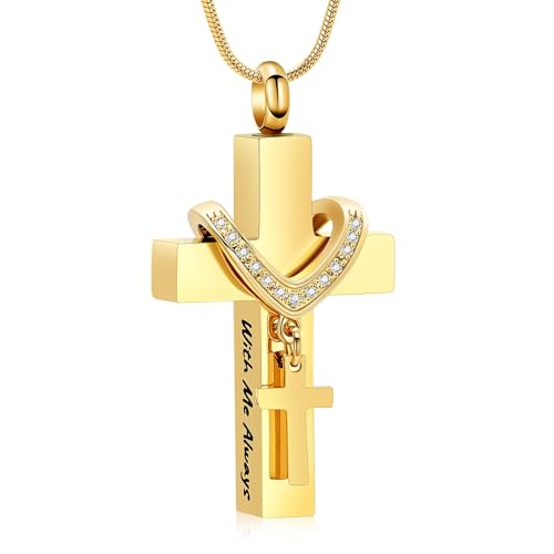 shajwo Cross Urn Necklace for Ashes Birthstone Rose Flower Cremation Jewelry for Women Gilrs Keepsake Memorial Ashes Pendant - color: B-Gold