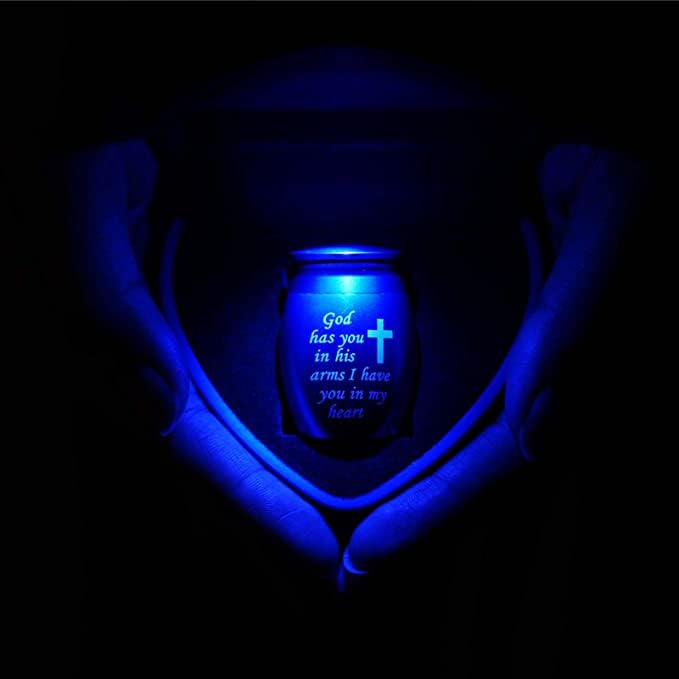 Small Keepsake Urns Comes with Heart Box w/Light (Battery Replaceable)- Best Memorial Gifts for Loss of Loved One - Mini Cremation Urn w/Urn Necklace - Miniature Ashes Holder Tiny Sharing Token Urn - color: Blue