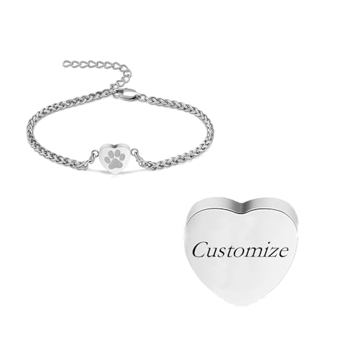 Heart Urn Bracelet for Pet Ashes - Paw Print Cremation Bangle Jewelry for Women - color: Customize