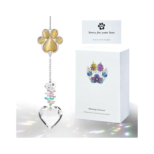Dog Memorial Gifts, Pet Memorial Suncatcher, Loss of Dog Sympathy Gift | Thoughtful Dogs and Cats Bereavement Remembrance Gifts, Natural Cat's Eye Stone Paw Crystal Suncatcher - color: Amber-hued