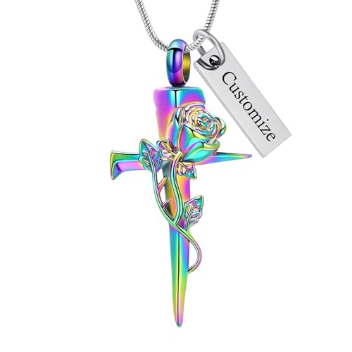 Imrsanl Cremation Jewelry Nail Cross Urn Necklace Pendant - color: Rose Flower-Customize