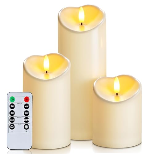 Homemory Flameless Candles with Timer and Remote Control, Battery Operated LED Candles, Realistic Fake Plastic Candles for Wedding, Festival, Home Decor, Waterproof Outdoor, D3”H4”6”8”, Dark Ivory - color: Dark Ivory, size: D3"H 4"6"8"