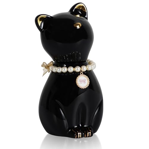 Cat Urns for Ashes, Elegant Ceramics Pets Cremation Keepsake | Funerary Urns Black Pet Urn for Cats Memorial Box with Personalized Necklace (15lbs)