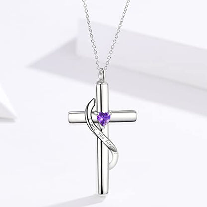 SOULMEET Crystal Cross Necklace for Ashes, Sterling Silver I Love You Forever Birthstone Cross Urn Necklaces for Ashes Keepsake Cremation Jewelry for Pet Human Ashes - style: B-White Gold-February